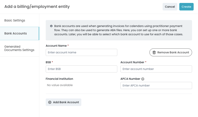 Bank Account Settings - configuration