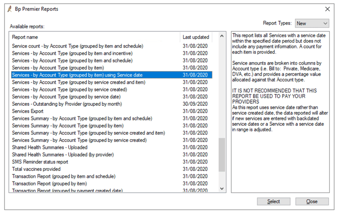 Navigate to Services - by Account Type (group by item) using Service Date. 