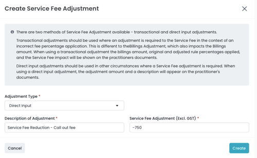 create service fee adjustment - direct input