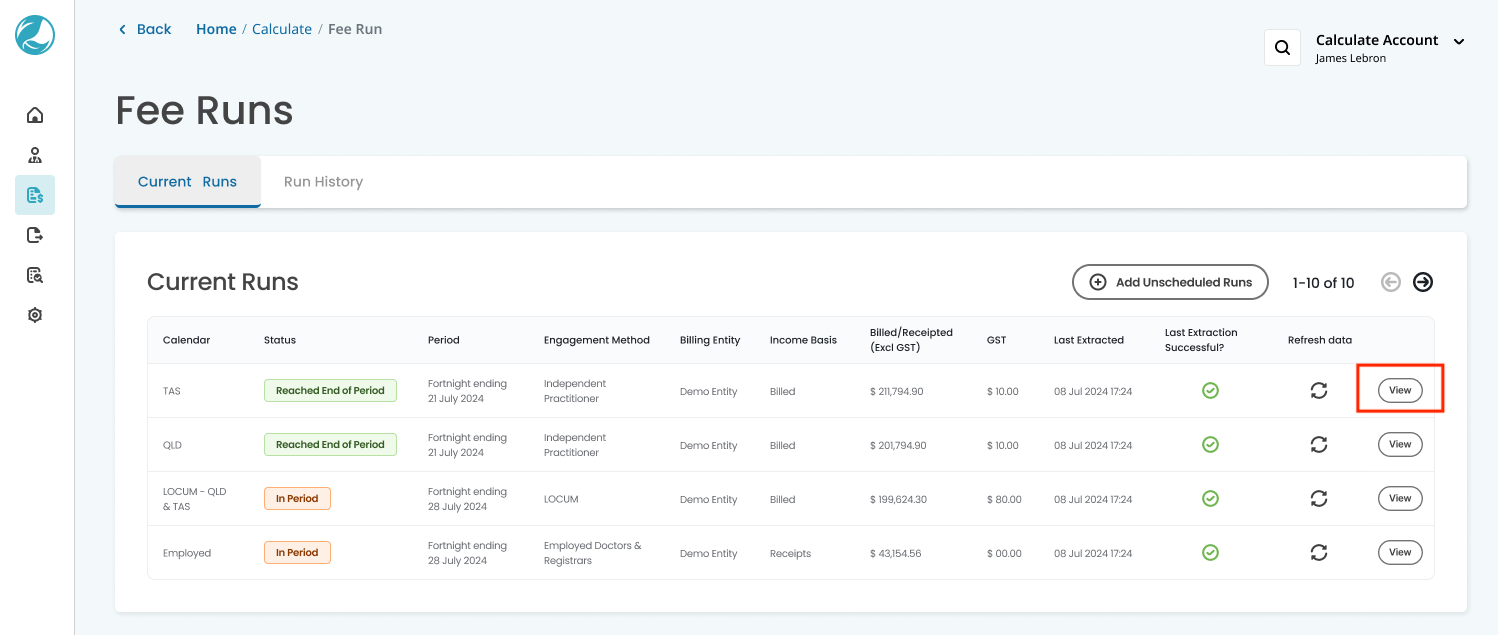 Executing a Fee Run in Calculate